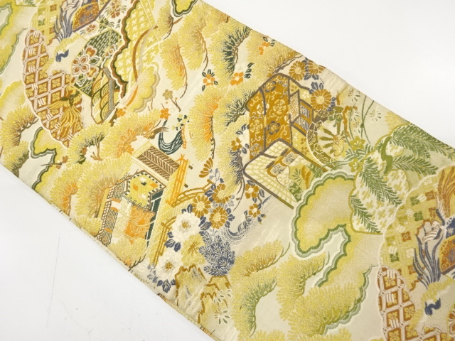 JAPANESE KIMONO / ANTIQUE MARU OBI / WOVEN MANSION & FLOWER